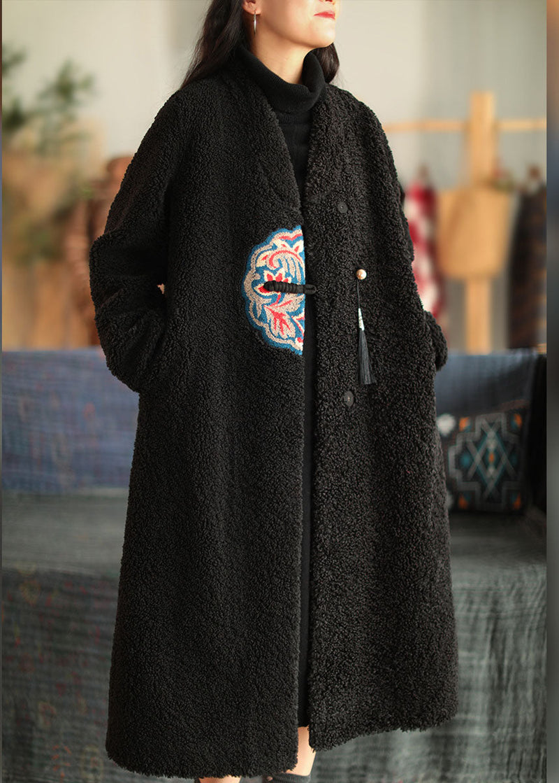 Unique White V Neck Embroidered Patchwork Winter Thick Coats Wool Overcoat