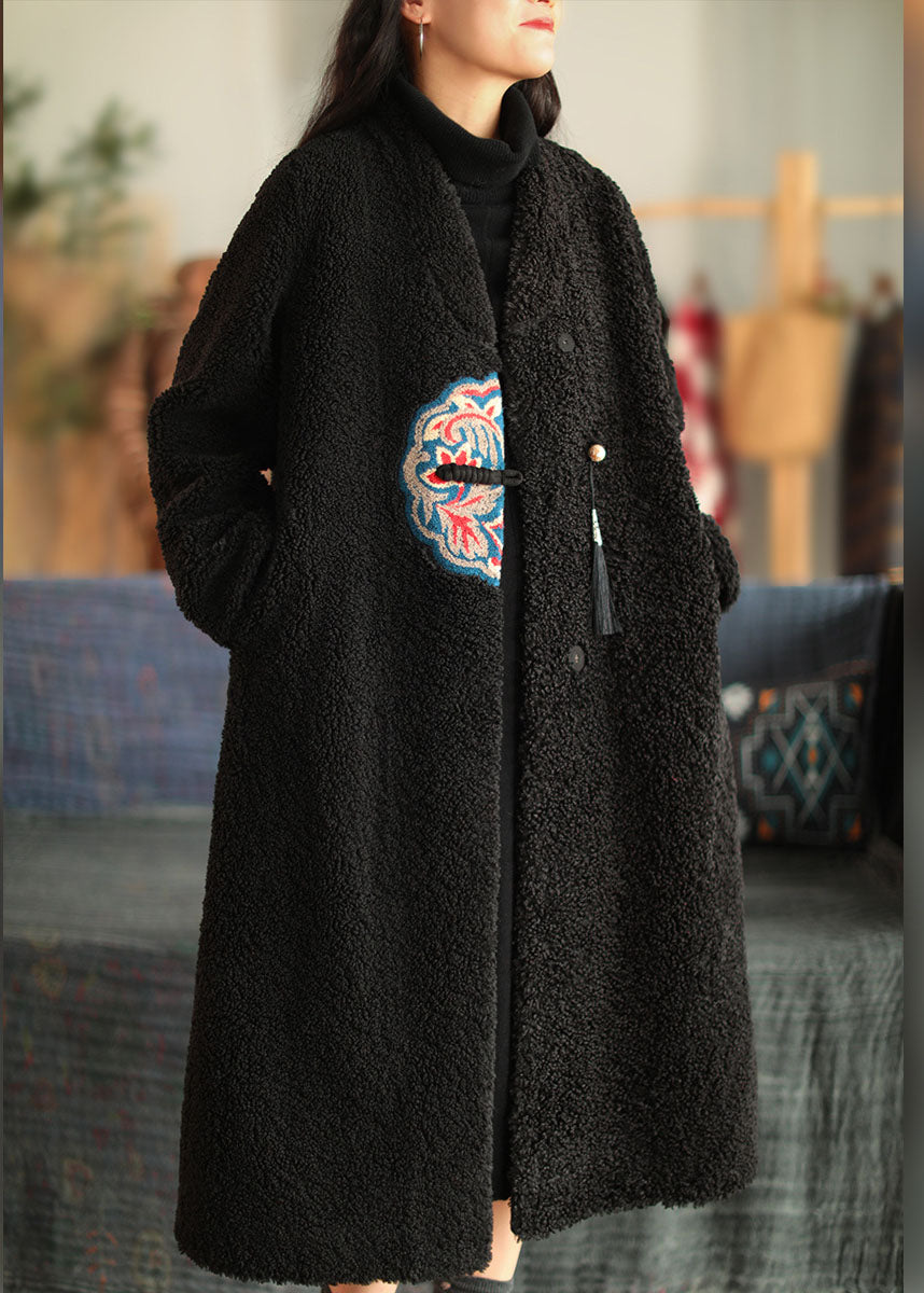 Unique White V Neck Embroidered Patchwork Winter Thick Coats Wool Overcoat