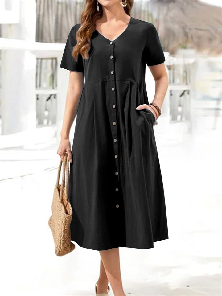 Loose Cotton Linen V-neck Single-row Multi-button Short-sleeved Large Yards Wind Dress