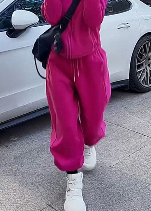 Simple Rose Hooded Coat and Pants Warm Fleece Two Pieces Set Spring