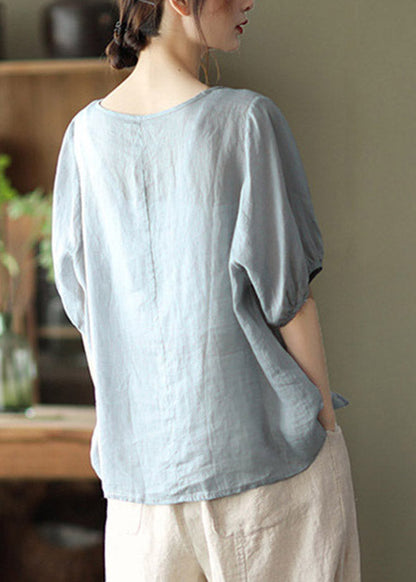 Brief Dusty Blue O-neck Embroidered Lace Up Linen Tops Half Sleeve