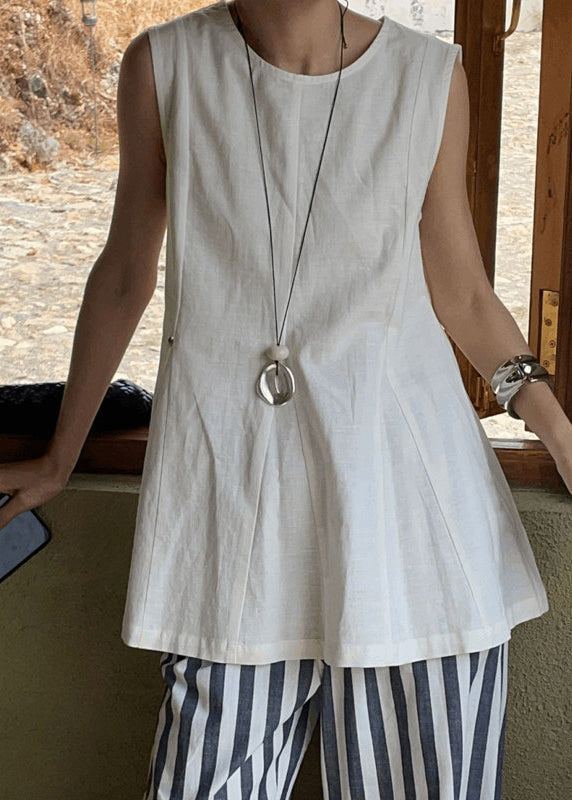 White O-neck Wrinkled Linen a Line Tops Sleeveless