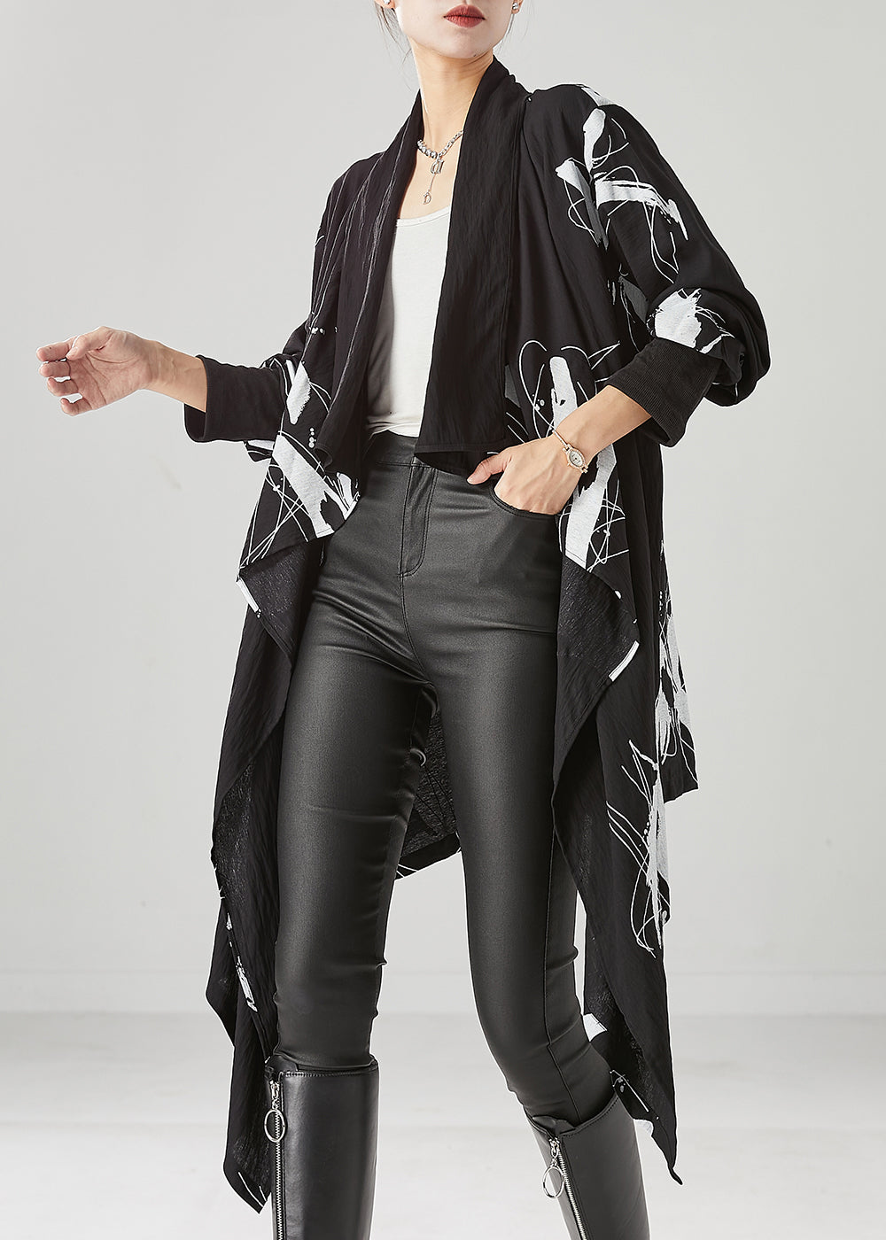 Diy Black Asymmetrical Print Cotton Cardigans Fall