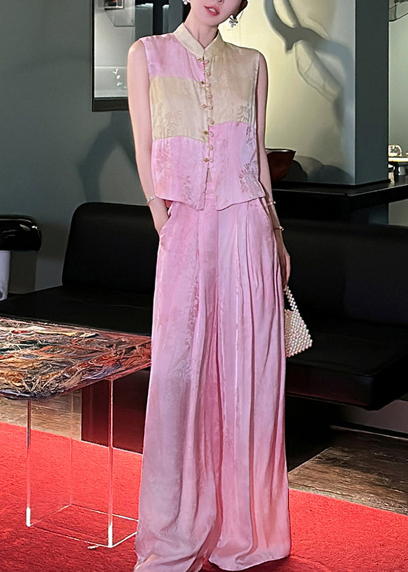 French Pink Button Waistcoat and Wide Leg Pants Silk Two Piece Set Sleeveless