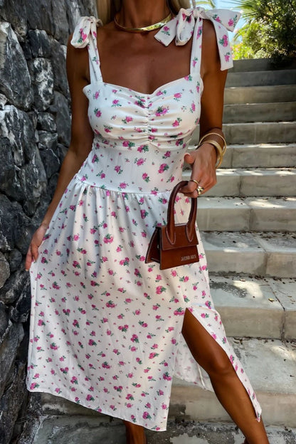 Color Print Backless Slit Belted Spaghetti Strap Sleeveless Dresses(7 Colors)