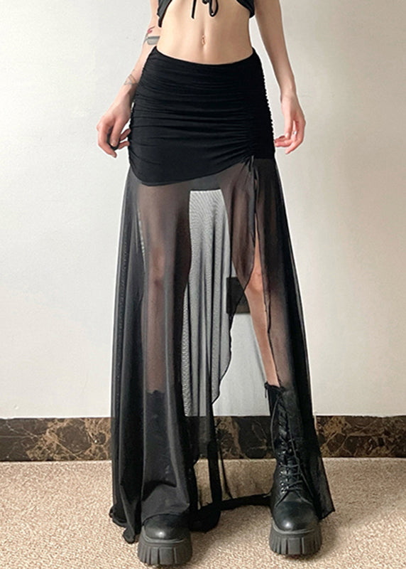 Black Elastic Waist Wrinkled Tulle Patchwork Maxi Skirt Summer