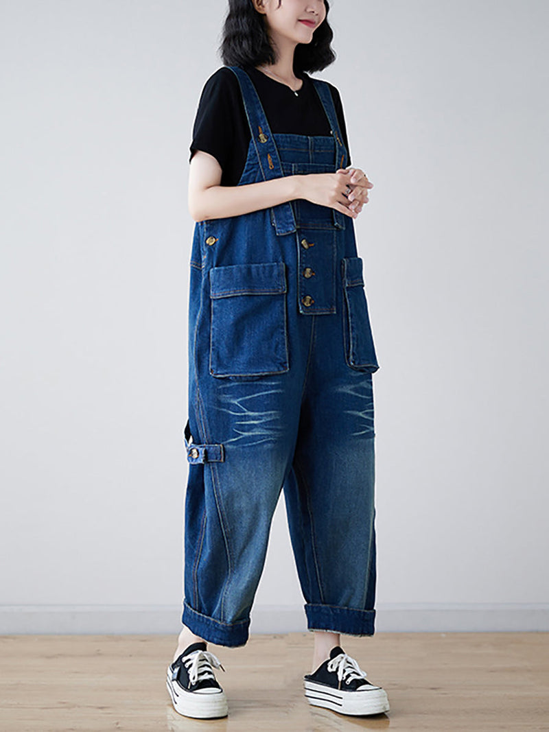 Spliced Washed Denim Loose Jumpsuits