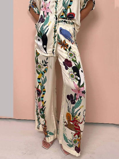 Unique Print Satin Elastic Waist Pocketed Wide Leg Pants