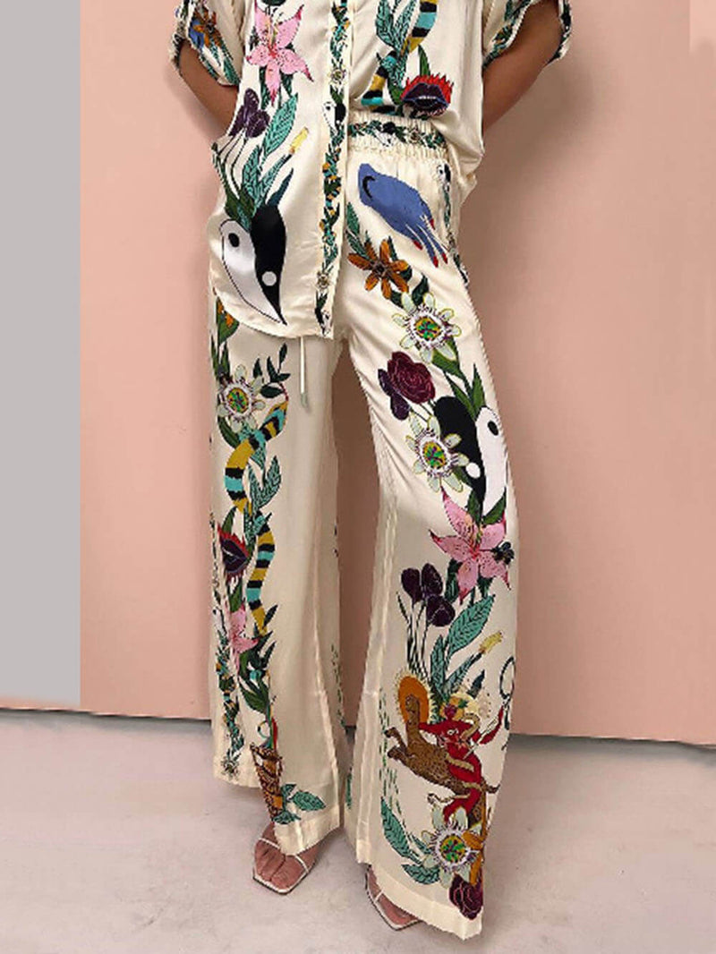 Unique Print Satin Elastic Waist Pocketed Wide Leg Pants