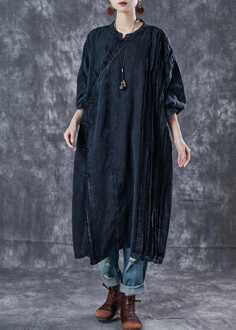Black Oversized Wrinkled Denim Oriental Dress Spring
