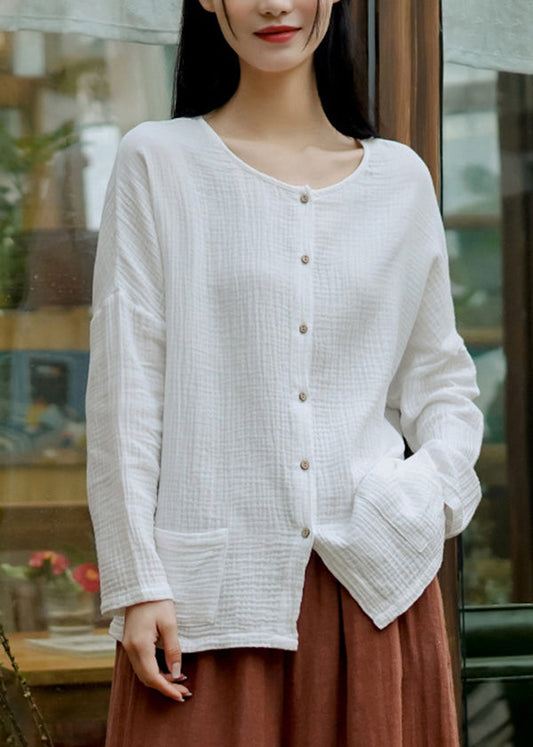 Handmade White O Neck Button Pockets Cotton Shirt Tops Spring
