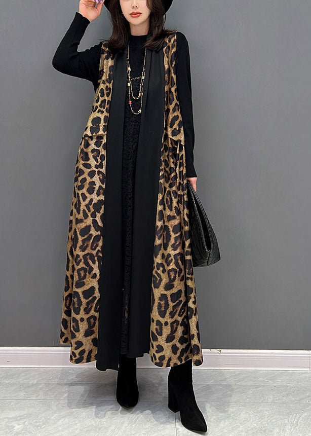 Black Leopard Print Patchwork Chiffon Long Cardigan Sleeveless