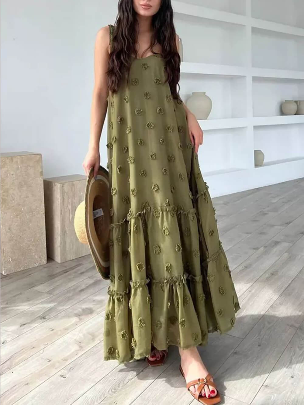 Flower Decor A-line Layered Loose Maxi Dress
