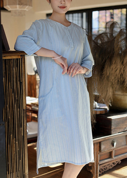 Baby Blue O Neck Jacquard Cotton Dress Spring