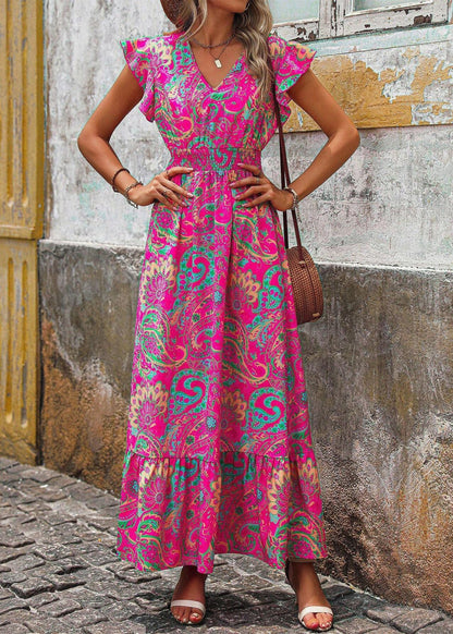 Rose V Neck Print Cotton Maxi Dress Butterfly Sleeve
