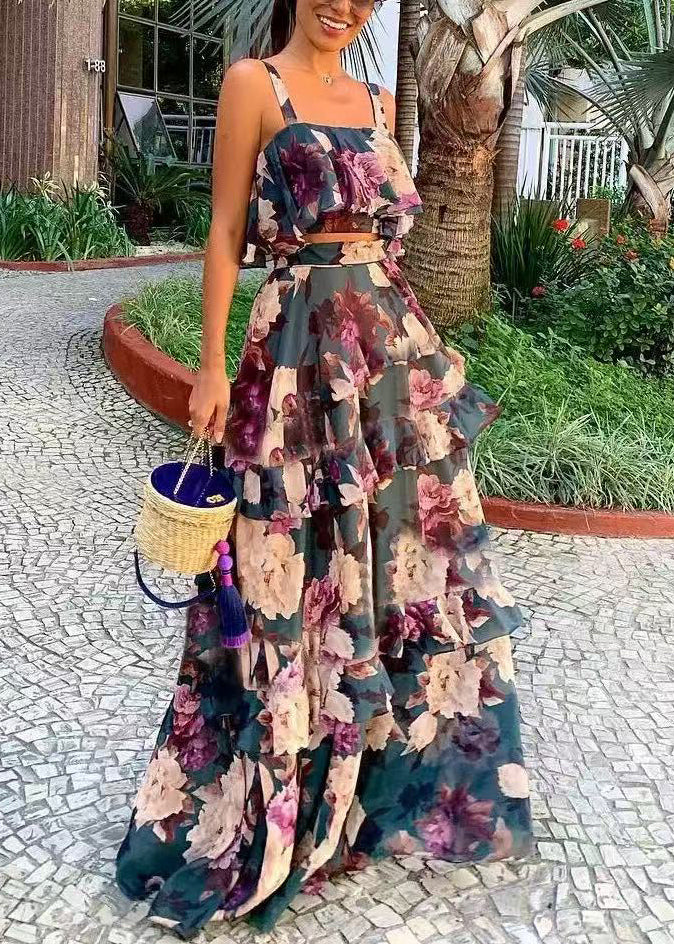 New Photo Color Print Tank and Skirts Two Pieces Set Sleeveless