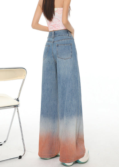 Blue Gradient Pockets Denim Wide Leg Pants Fall