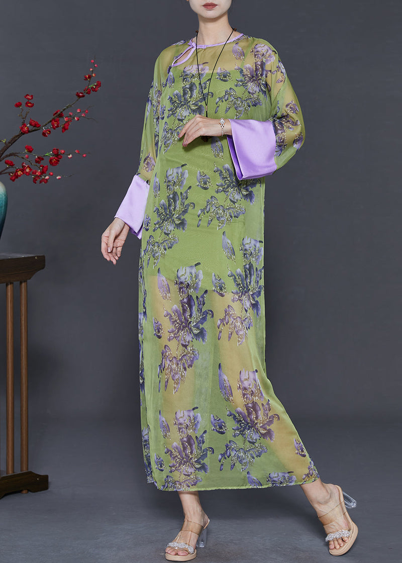 Chinese Style Green Print Silk Cheongsam Dress Summer