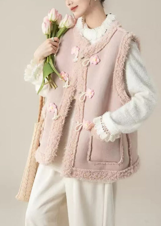 Pink Oversized Patchwork Flower Teddy Vest Jacket Winter