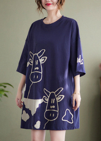 Blue O-neck Cow Print Cotton Vacation Dresses Short Sleeve