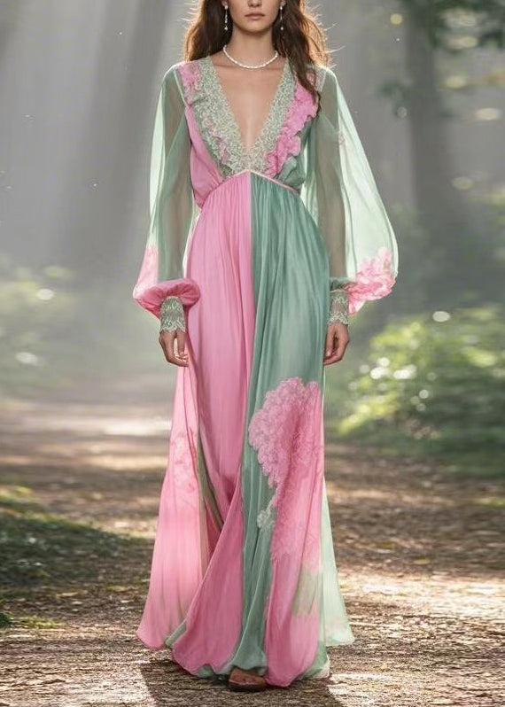 Colorblock V Neck Patchwork Chiffon Dress Lantern Sleeve