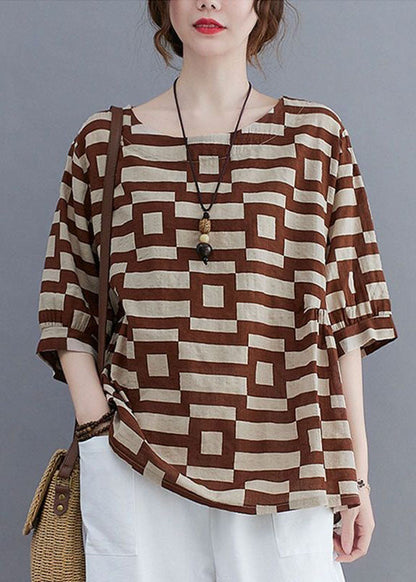 Organic Coffee O-neck Print Patchwork Cotton T Shirt Summer