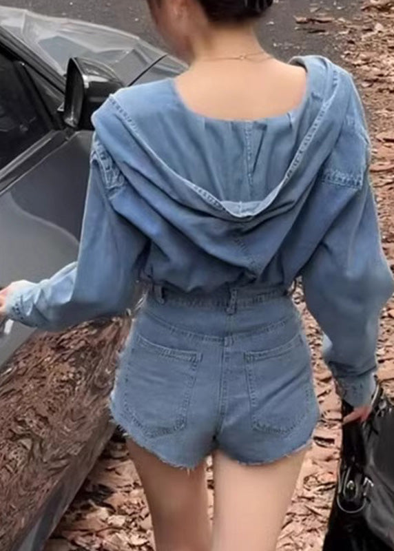 Blue Denim Hooded Top and Shorts Two Pieces Set Spring