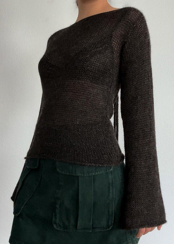 European and American Coffee Backless Lace Up Flared Sleeve Knit Top