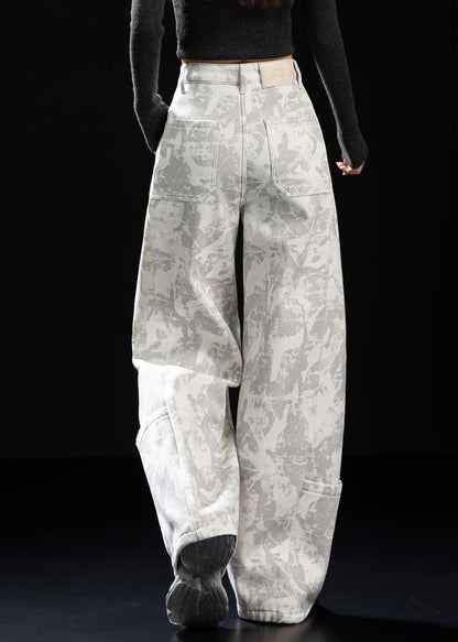 Italian White Tie Dye Patchwork Pockets Warm Fleece Pants Winter