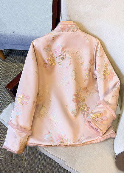 Pink Button Fluffy Patchwork Thick Parkas Winter