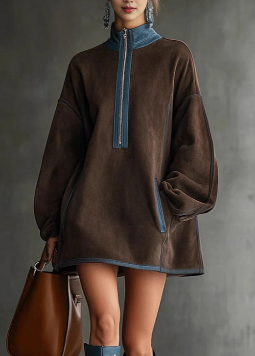 Brown High Neck Zip Up Patchwork Faux Suede Mini Dress Fall