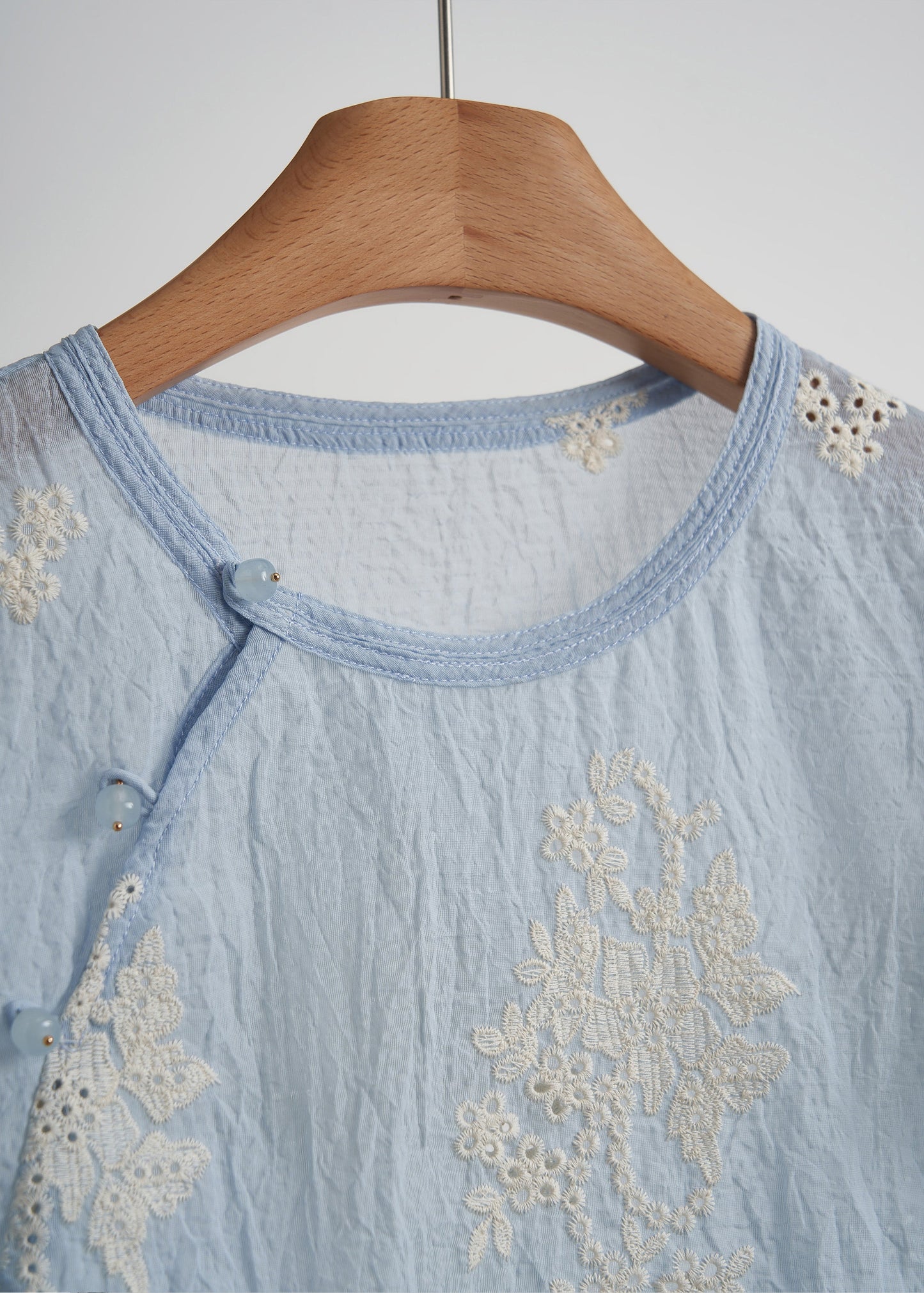 Sky Blue Embroidered Cotton Tops Fall