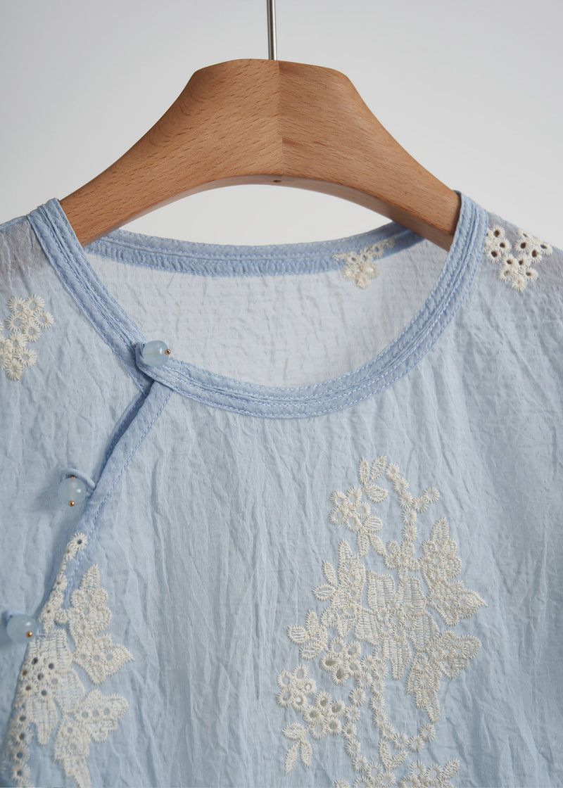 Sky Blue Embroidered Cotton Tops Fall