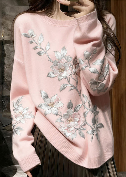 French Pink Embroidered Knit Cozy Sweaters Winter