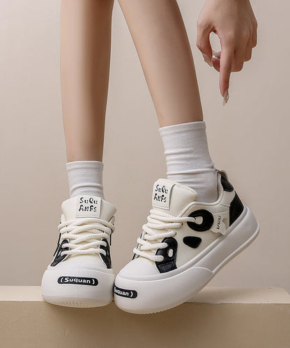 Versatile Beige Black Flats Shoes Lace Up
