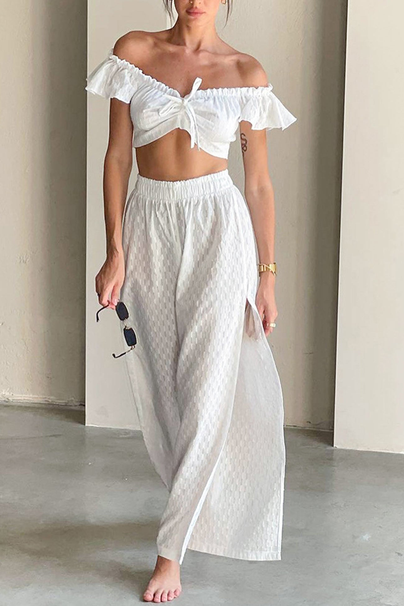 Cotton Ruffle Sleeve Slit Pants Suits