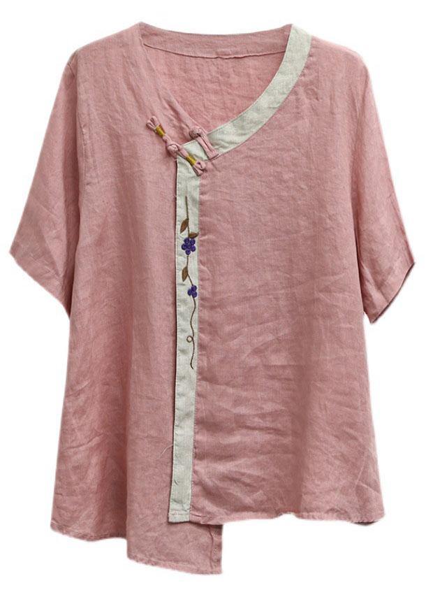 Purple Embroidered Asymmetrical Design Patchwork Summer Linen Blouse Top Short Sleeve