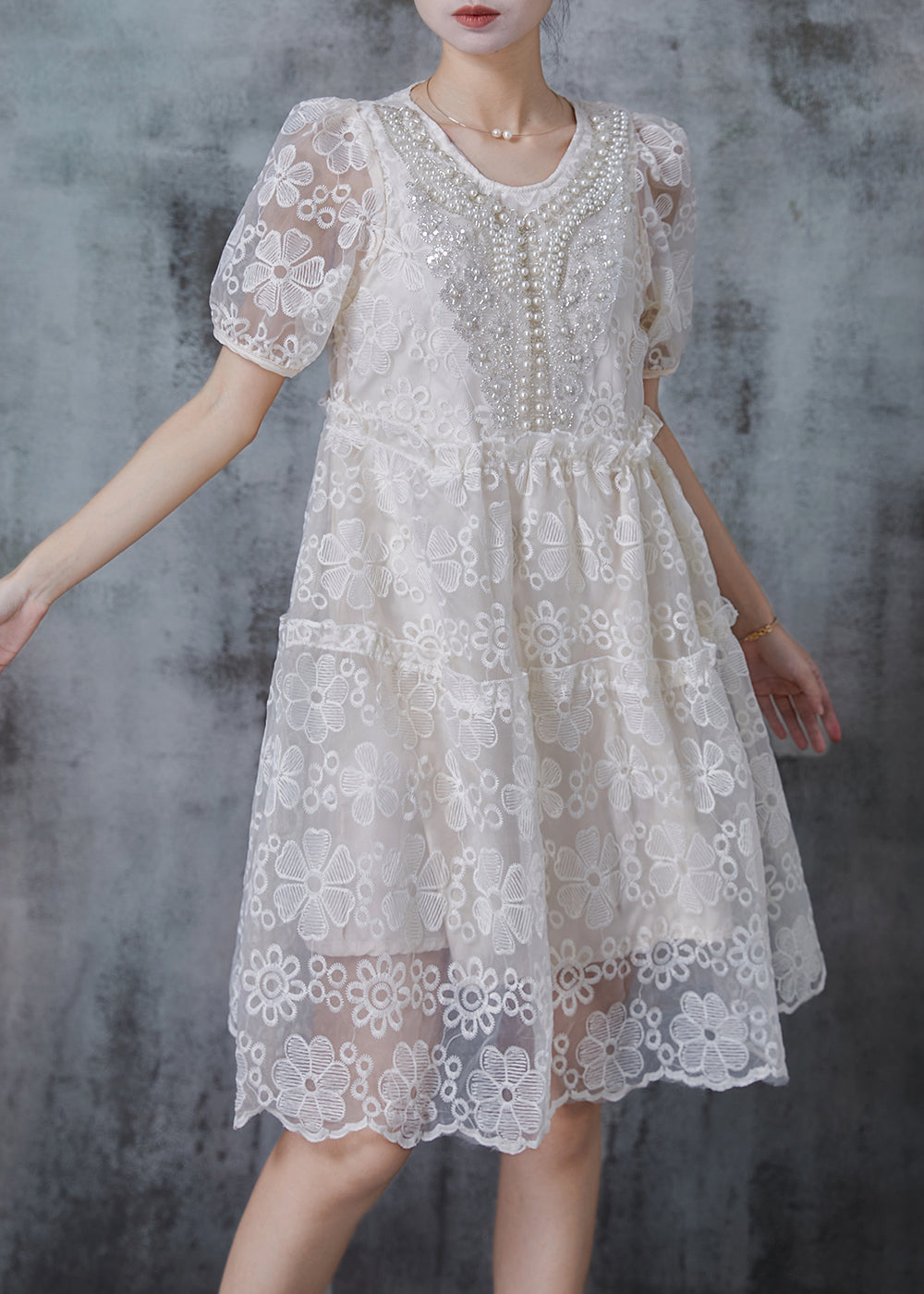 Beige Embroidered Nail Bead Tulle Party Dresses Summer