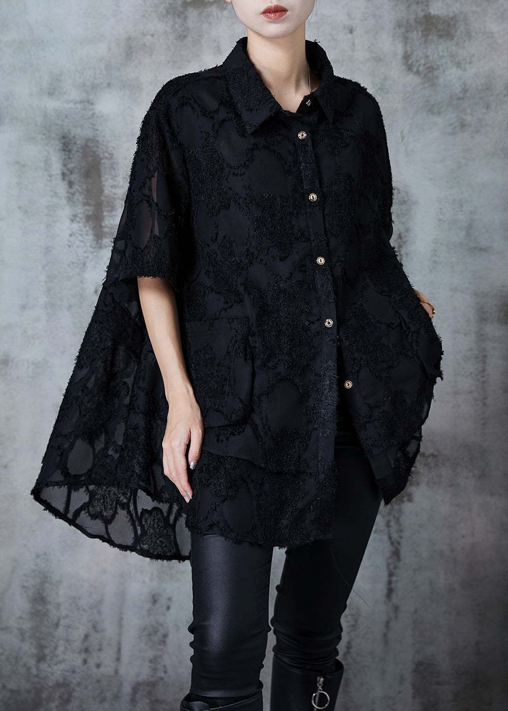 Black Oversized Tasseled Chiffon Top Summer