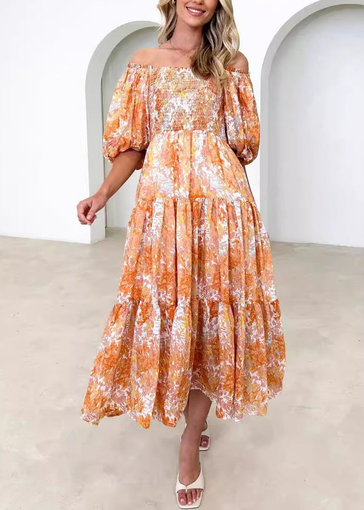 Holiday Style Green Puff Sleeve Print Wrinkled Cotton Maxi Dress