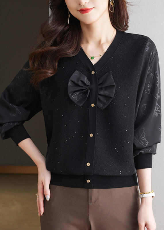 Black V Neck Bow Silk Patchwork Knit Shirt Top Spring