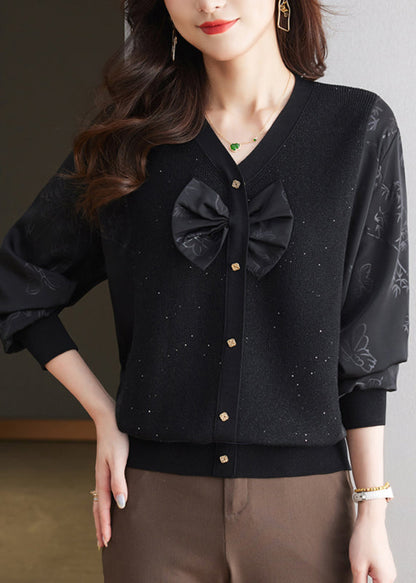 Black V Neck Bow Silk Patchwork Knit Shirt Top Spring