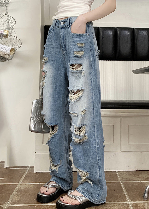 Blue Pockets Patchwork Hole Denim Pants Fall