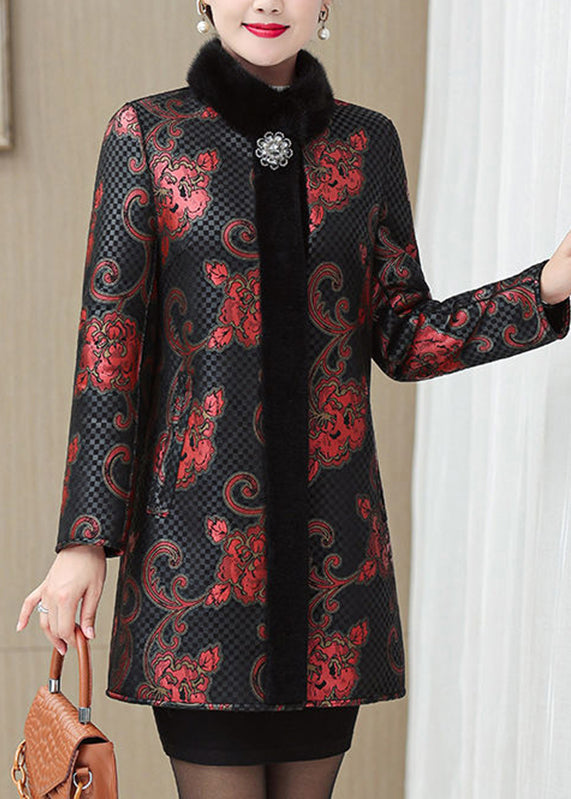 Classy Gold Fur Collar Print Warm Leather and Fur Coats Spring