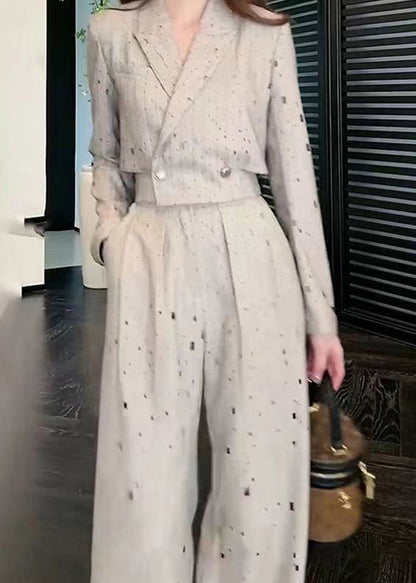 Stylish Grey Notched Print Top and Wide Leg Pants Two Pieces Set Spring