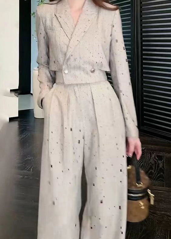 Stylish Grey Notched Print Top and Wide Leg Pants Two Pieces Set Spring