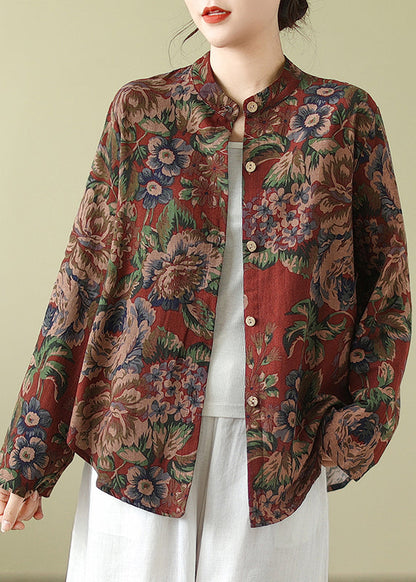 Stand Collar Print Button Cotton Coats Fall