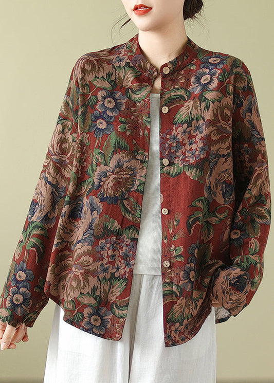 Stand Collar Print Button Cotton Coats Fall