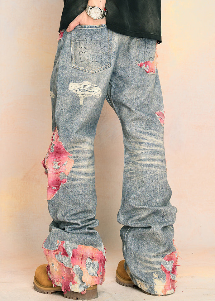 Blue Print Pockets High Waist Denim Pants Fall
