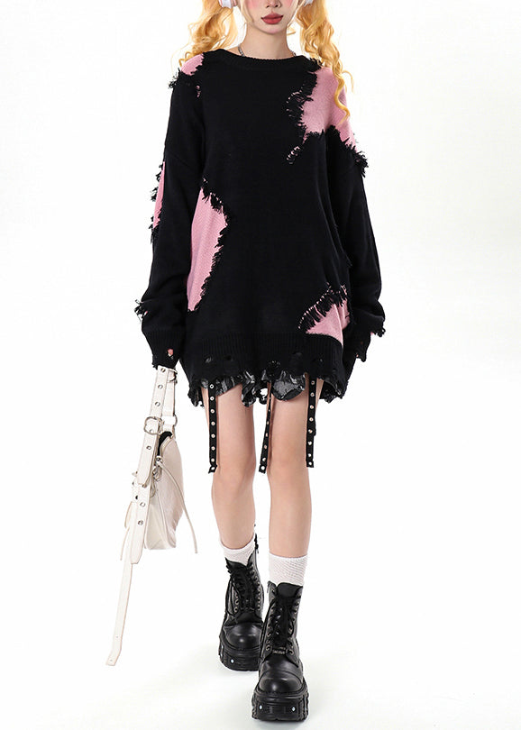 Black Tasseled Patchwork Hole Cozy Sweater Winter